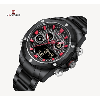 Picture of NAVIFORCE NF9217 Black Stainless Steel Dual Time Watch For Men - Red & Black