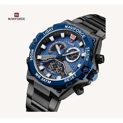 Picture of NAVIFORCE NF9207 Golden Stainless Steel Dual Time Watch For Men - Royal Blue & Black