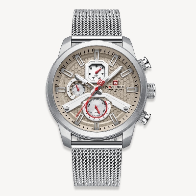 Picture of NAVIFORCE NF9211G Silver Mesh Stainless Steel Chronograph Watch For Men - Silver & Cream
