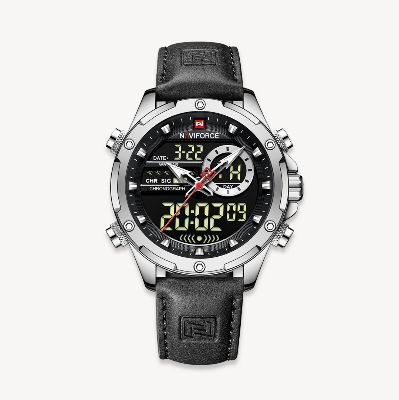 Picture of NAVIFORCE NF9208 Black PU Leather Dual Time Watch For Men - Silver & Black