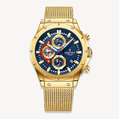Picture of NAVIFORCE NF8027M Golden Mesh Stainless Steel Chronograph Watch For Men - Golden & RoyalBlue
