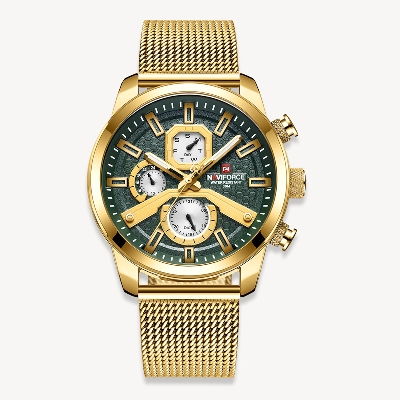 Picture of NAVIFORCE NF9211 Golden Mesh Stainless Steel Chronograph Watch For Men - Green & Golden