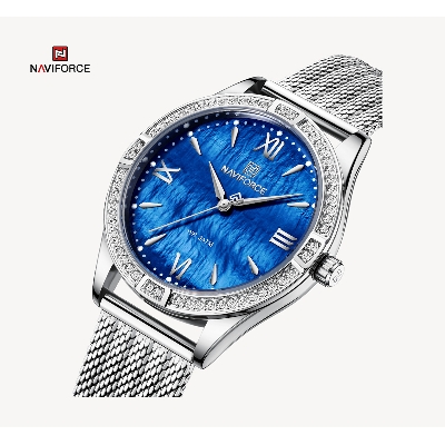 Picture of NAVIFORCE NF5028 Silver Mesh Stainless Steel Analog Watch For Women - Royal Blue & Silver
