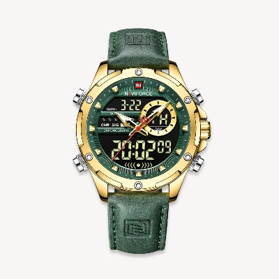 Picture of NAVIFORCE NF9208 Green PU Leather Dual Time Watch For Men - Golden & Green
