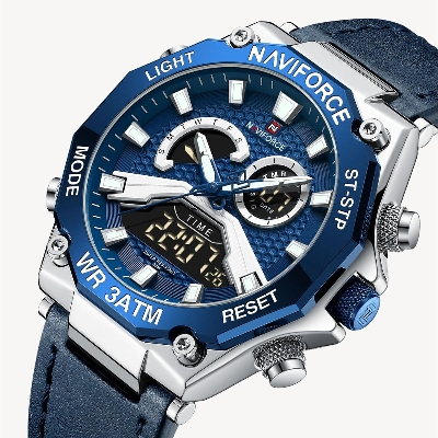 Picture of NAVIFORCE NF9220 Navy Blue PU Leather Dual Time Watch For Men - Silver & Navy Blue