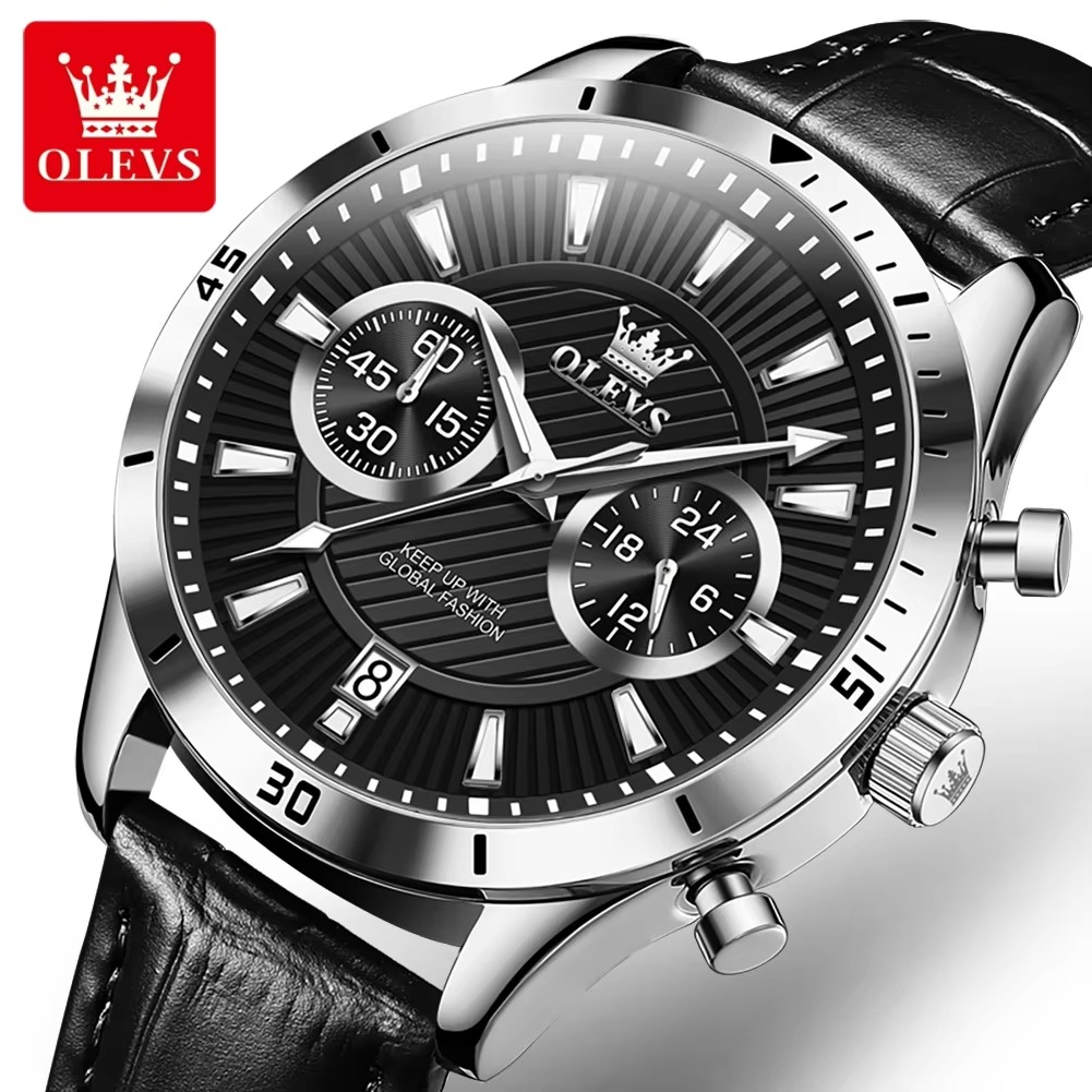 Picture of Olevs 2921 Black PU Leather Chronograph Wrist Watch For Men - Silver & Black