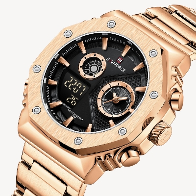 Picture of NAVIFORCE NF9216 RoseGold Stainless Steel Dual Time Watch For Men - Black & RoseGold