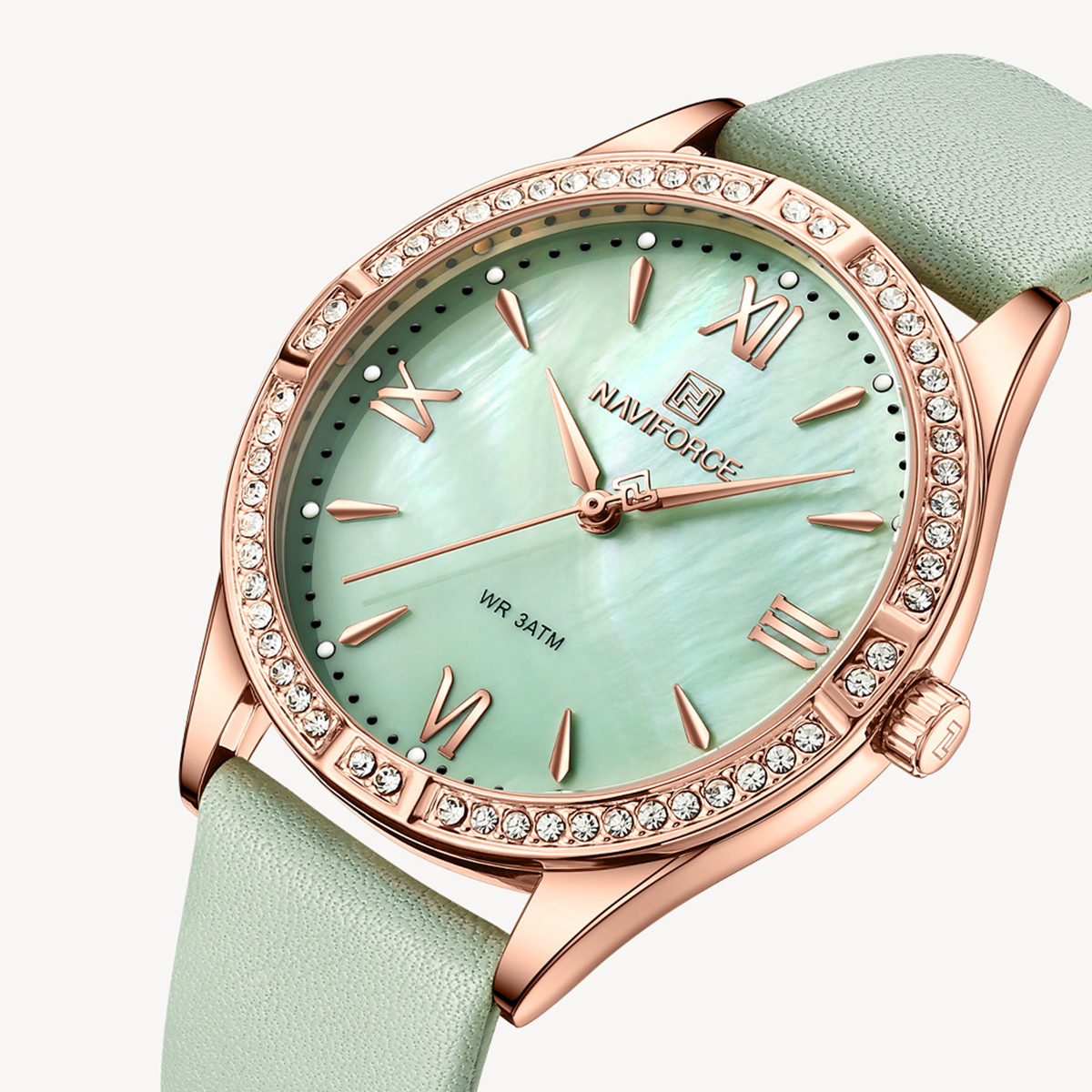 Picture of NAVIFORCE NF5038F Green PU Leather Analog Watch For Women - Green & RoseGold