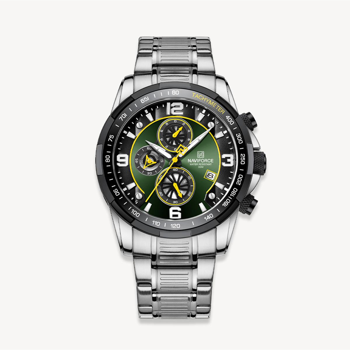 Picture of NAVIFORCE NF8020 Silver Stainless Steel Chronograph Watch For Men - Green & Silver