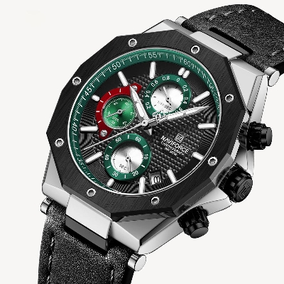Picture of NAVIFORCE NF8028 Black PU Leather Chronograph Watch For Men - Silver & Black