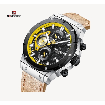 Picture of NAVIFORCE NF8027 Dark Brown PU Leather Chronograph Watch For Men - Yellow & Dark Brown