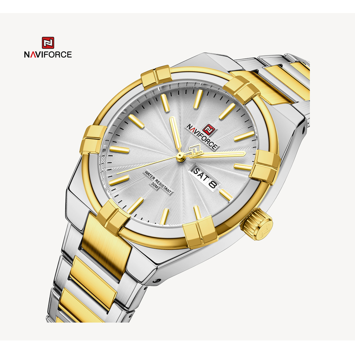 Picture of NAVIFORCE NF9218 Silver And Golden Two-tone Stainless Steel Analog Watch For Men - White & Golden
