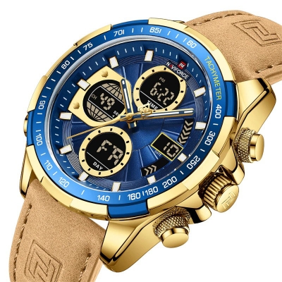 Picture of NAVIFORCE NF9197 Brown PU Leather Dual Time Watch For Men - Golden & Brown