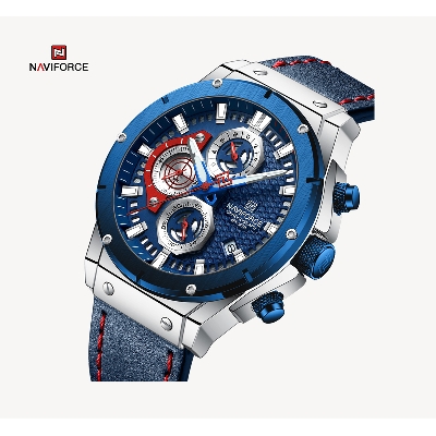 Picture of NAVIFORCE NF8027 Navy Blue PU Leather Chronograph Watch For Men - Silver & Navy Blue