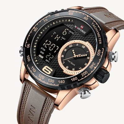 Picture of NAVIFORCE NF9199 Chocolate TPU Leather Dual Time Watch For Men - RoseGold & Chocolate