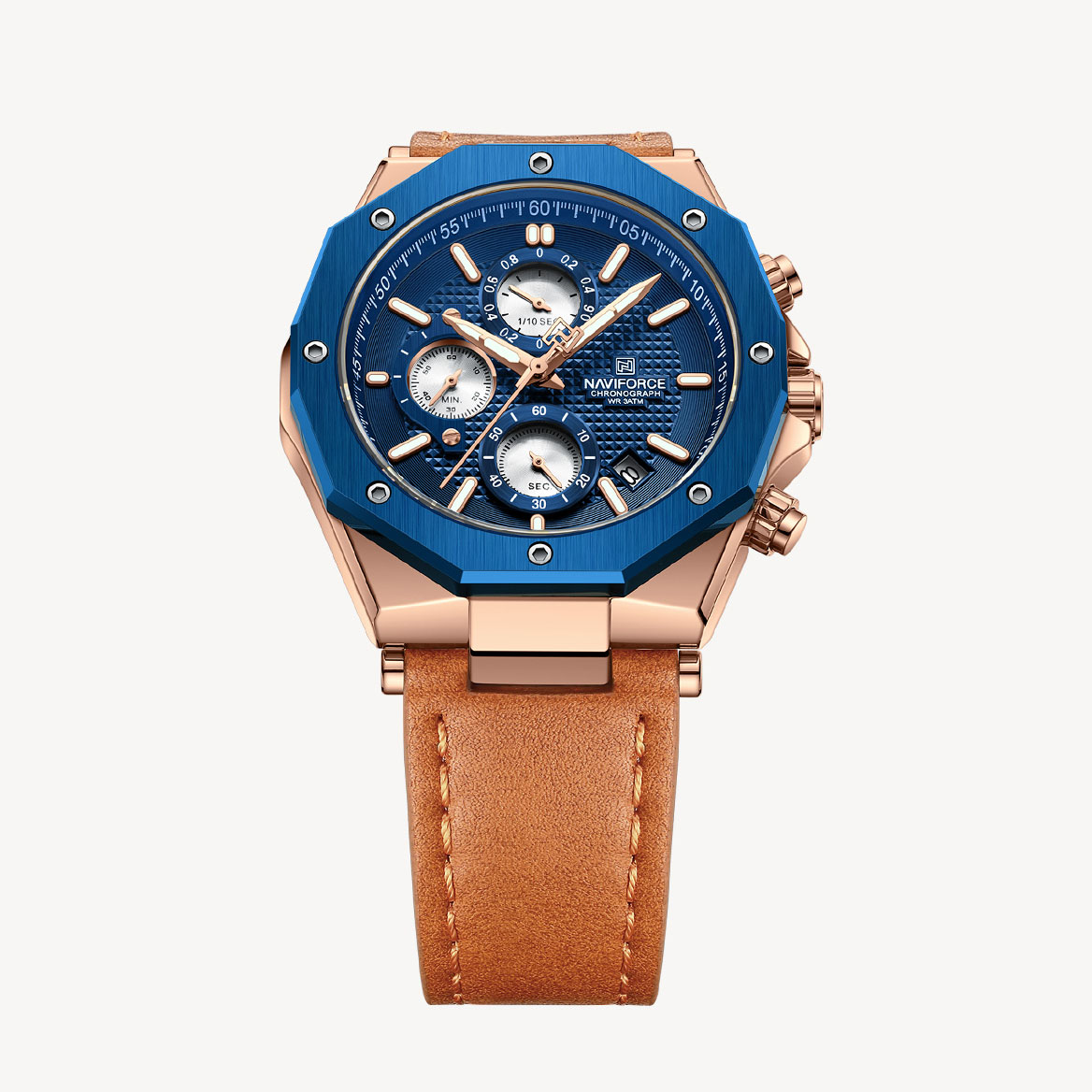 Picture of NAVIFORCE NF8028L Brown PU Leather Chronograph Watch For Men - Brown & RoyalBlue