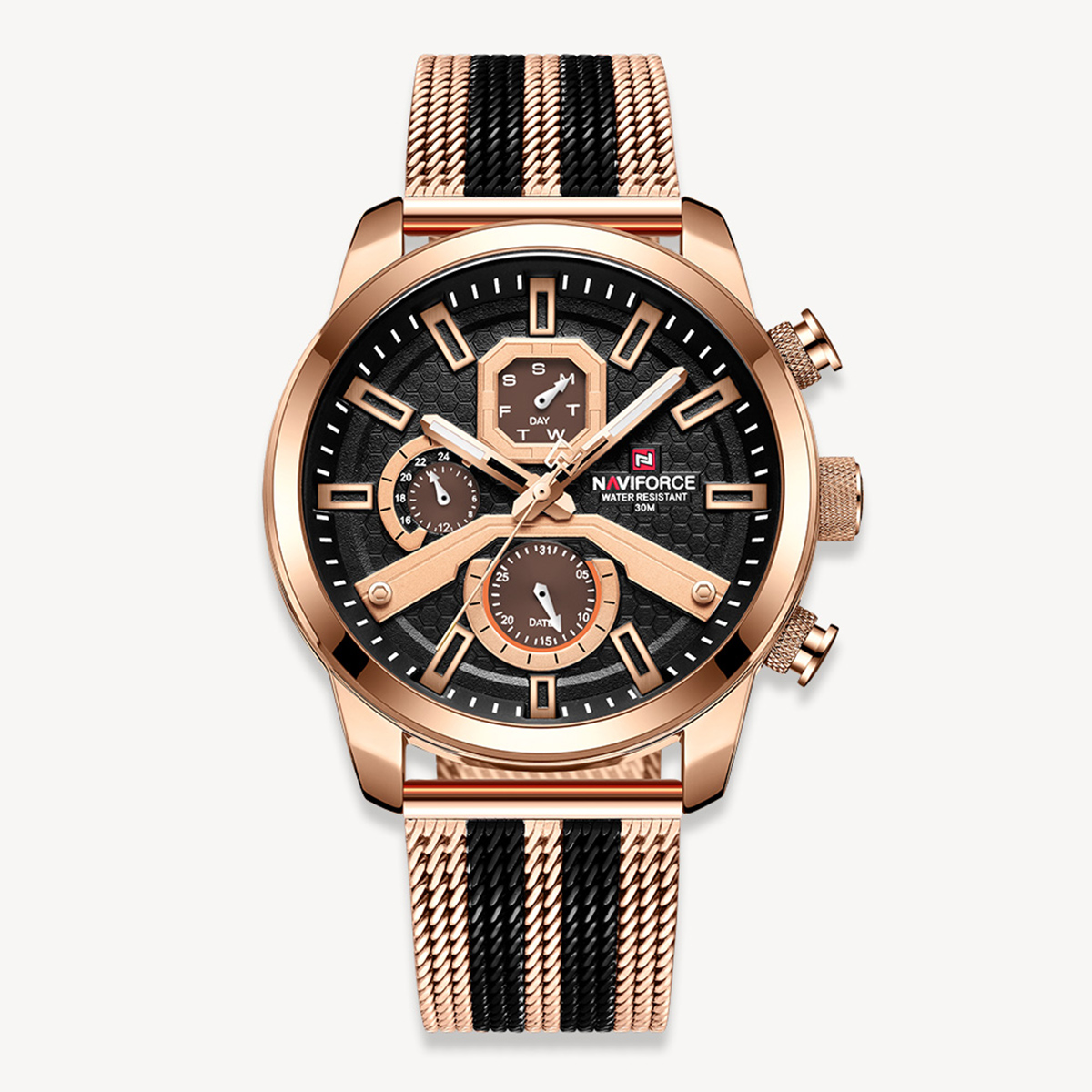 Picture of NAVIFORCE NF9211G RoseGold And Black Two-tone Mesh Stainless Steel Chronograph Watch For Men - RoseGold & Black