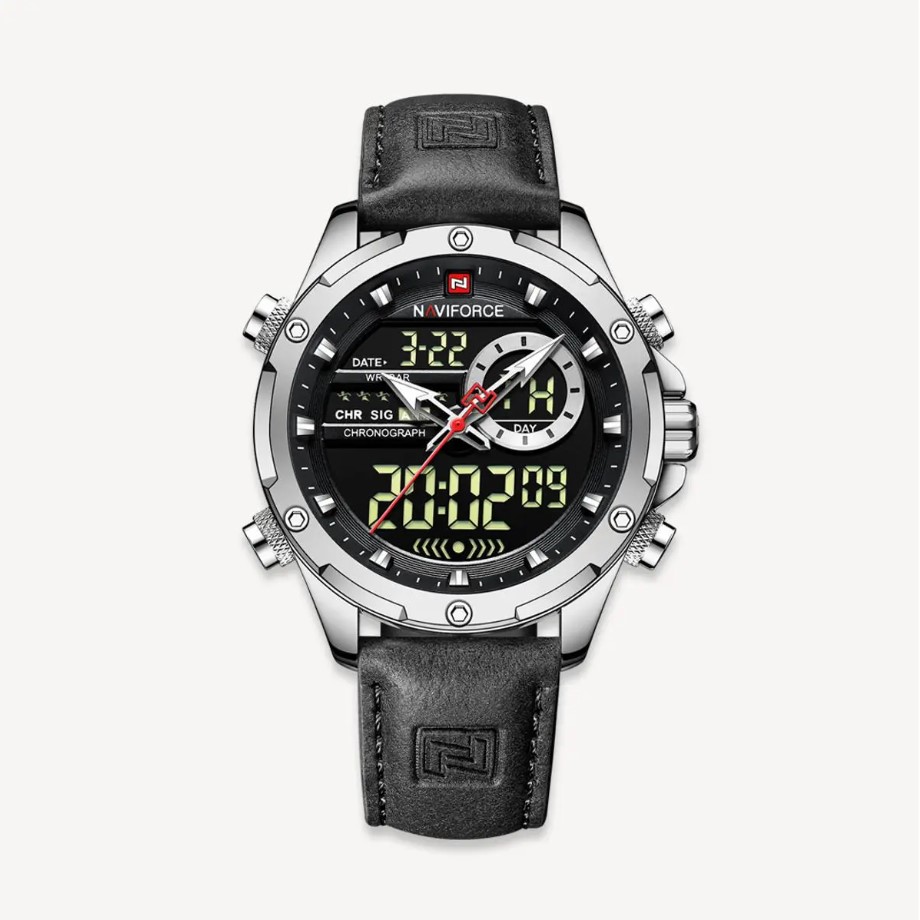Picture of NAVIFORCE NF9208L Black PU Leather Dual Time Watch For Men - Silver & Black