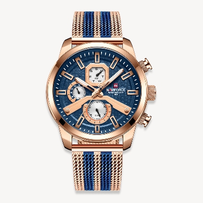 Picture of NAVIFORCE NF9211G RoseGold And Royal Blue Two-tone Mesh Stainless Steel Chronograph Watch For Men - RoseGold & RoyalBlue