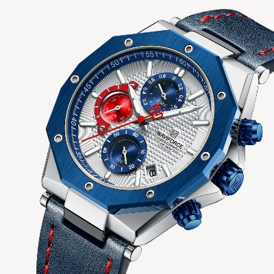Picture of NAVIFORCE NF8028 Navy Blue PU Leather Chronograph Watch For Men - Silver & Navy Blue