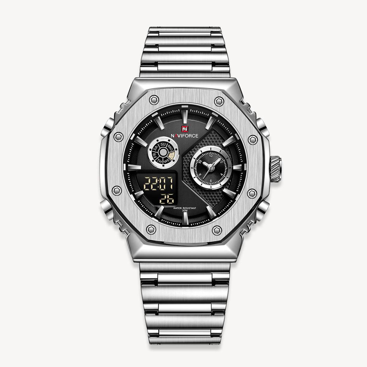 Picture of NAVIFORCE NF9216 Silver Stainless Steel Dual Time Watch For Men - Black & Silver