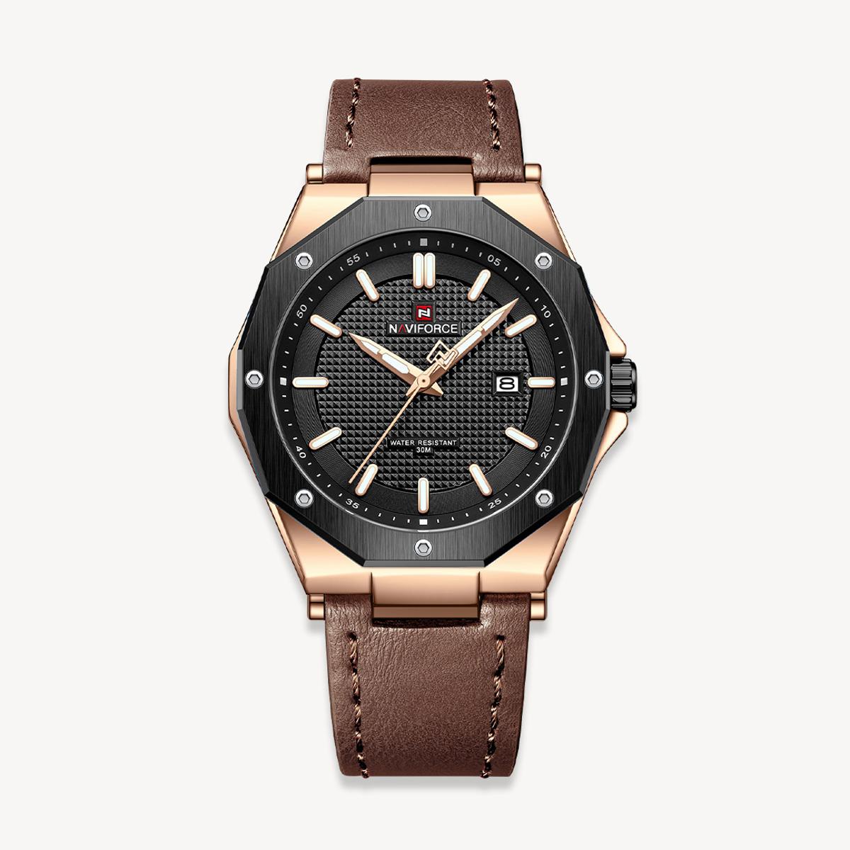 Picture of NAVIFORCE NF9200 Dark Brown PU Leather Analog Watch For Men - RoseGold & Dark Brown