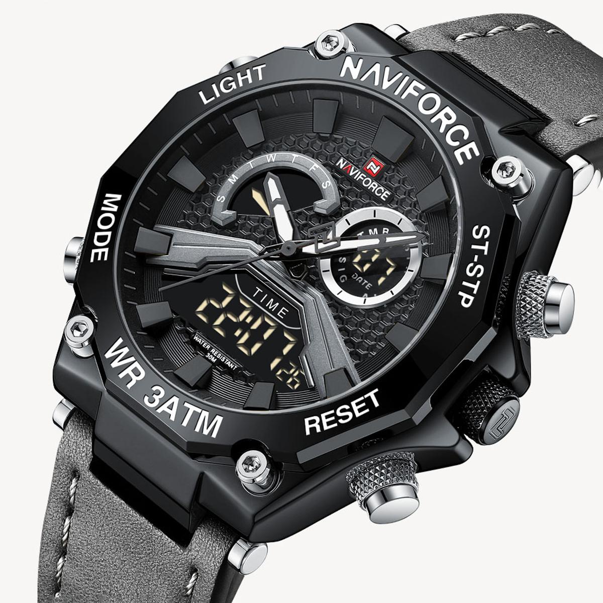 Picture of NAVIFORCE NF9220 Gray PU Leather Dual Time Watch For Men - Black & Gray