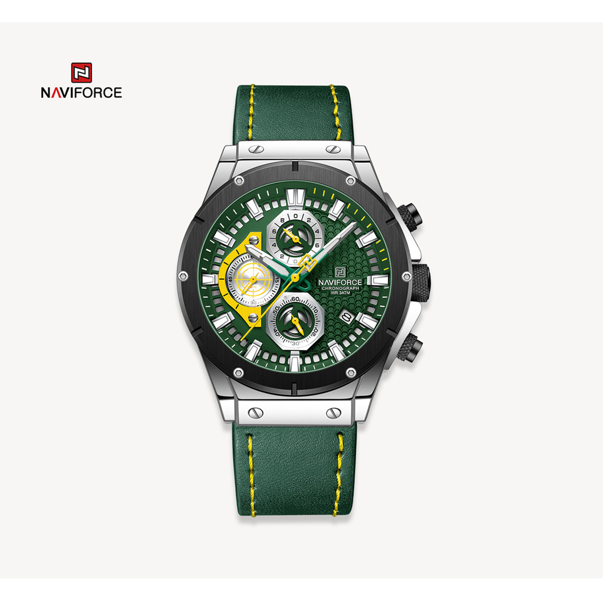 Picture of NAVIFORCE NF8027M Green PU Leather Chronograph Watch For Men - Green & Silver