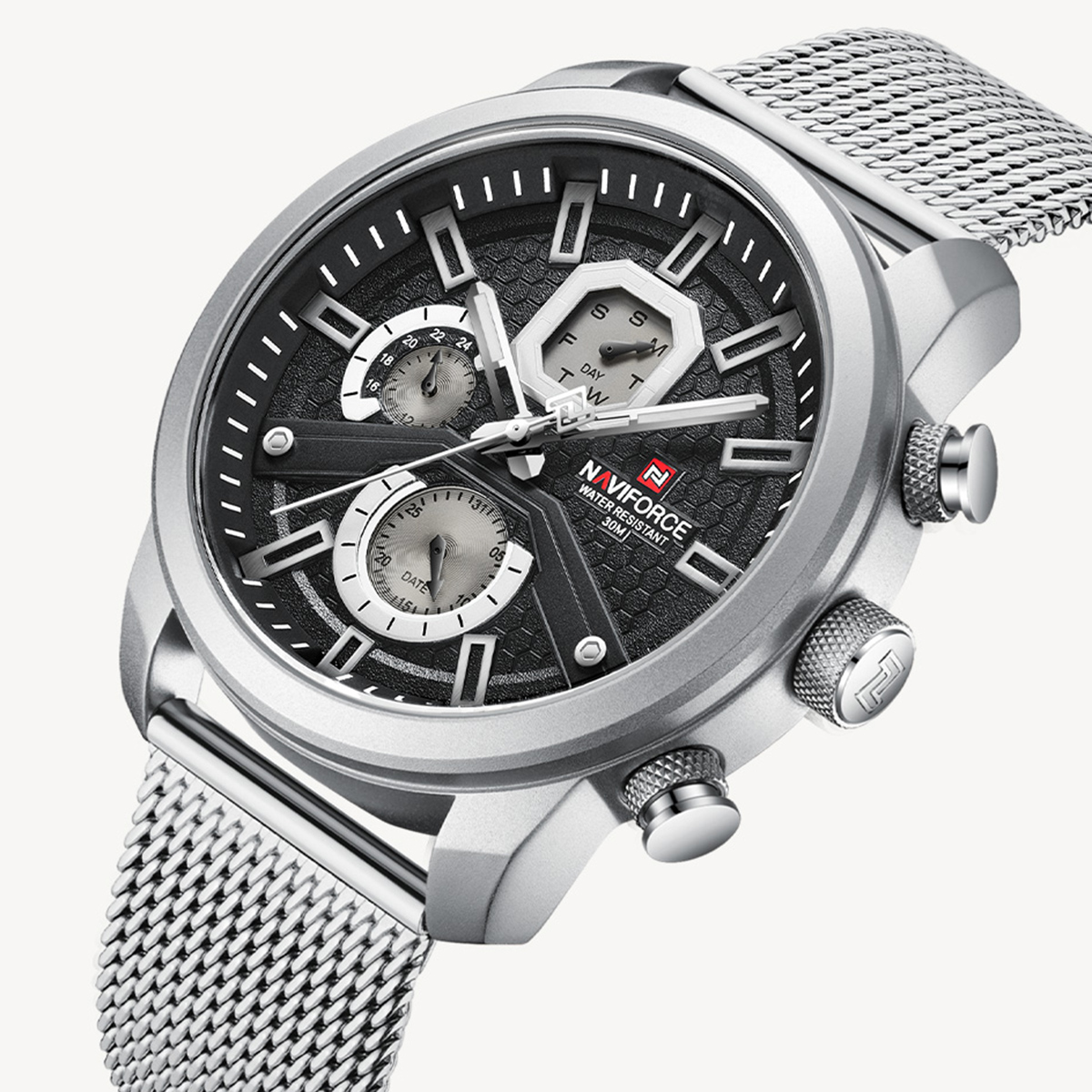 Picture of NAVIFORCE NF9211M Silver Mesh Stainless Steel Chronograph Watch For Men - Silver & Black