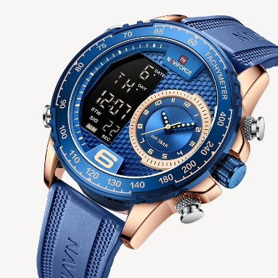 Picture of NAVIFORCE NF9199 Navy Blue TPU Leather Dual Time Watch For Men - RoseGold & Navy Blue