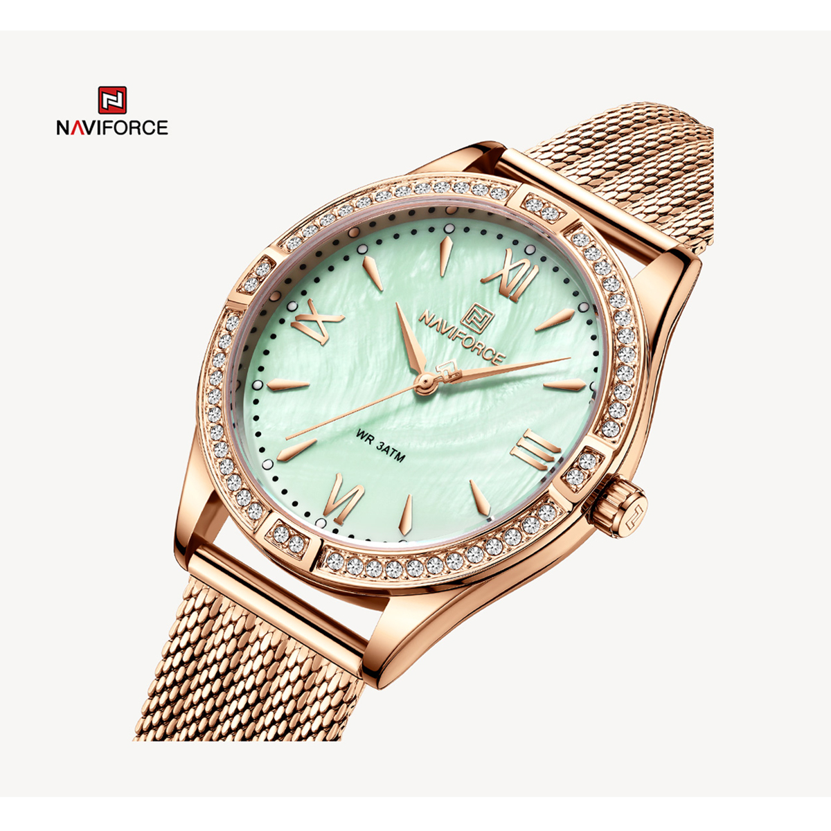 Picture of NAVIFORCE NF5028F RoseGold Mesh Stainless Steel Analog Watch For Women - RoseGold & Green