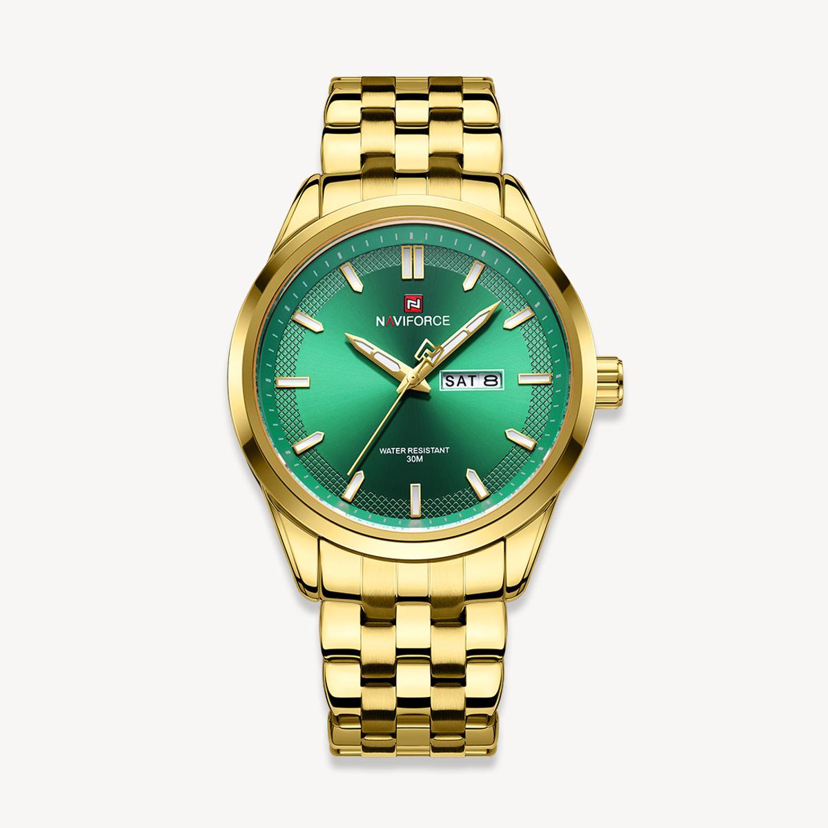 Picture of NAVIFORCE NF9203 Golden Stainless Steel Analog Watch For Men - Green & Golden