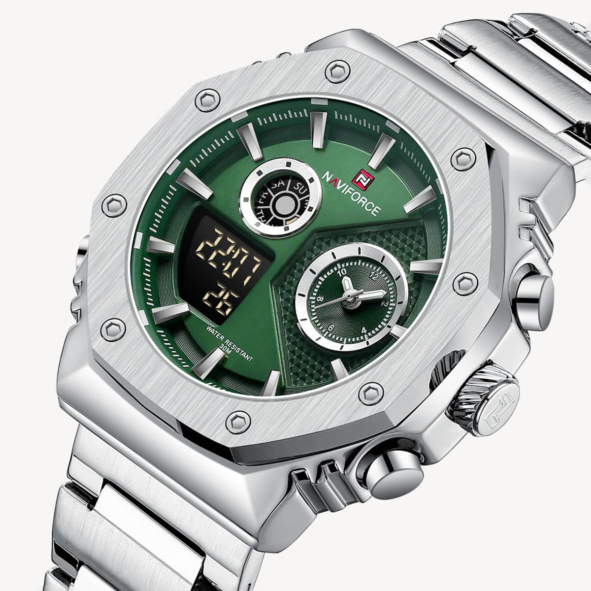 Picture of NAVIFORCE NF9216 Silver Stainless Steel Dual Time Watch For Men - Green & Silver