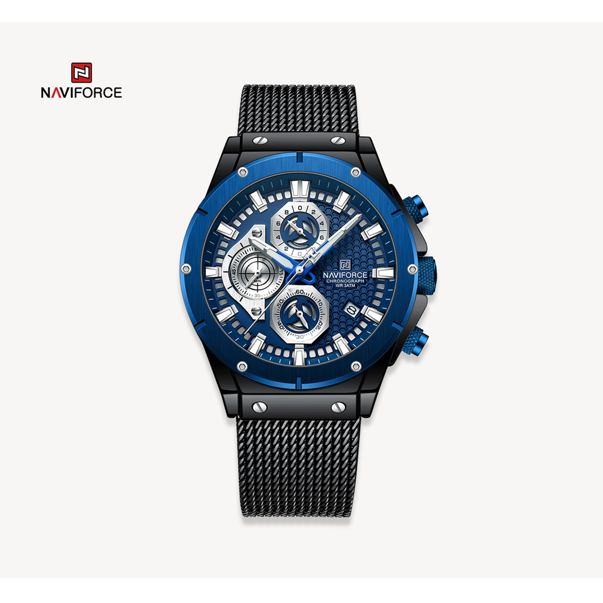 Picture of NAVIFORCE NF8027M Black Mesh Stainless Steel Chronograph Watch For Men - Black & RoyalBlue