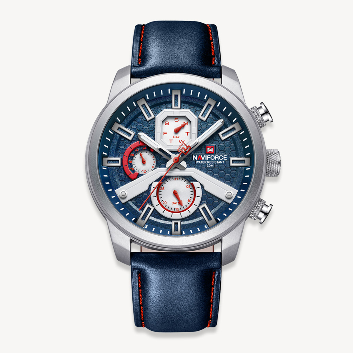 Picture of NAVIFORCE NF9211 Navy Blue PU Leather Chronograph Watch For Men - Silver & Navy Blue