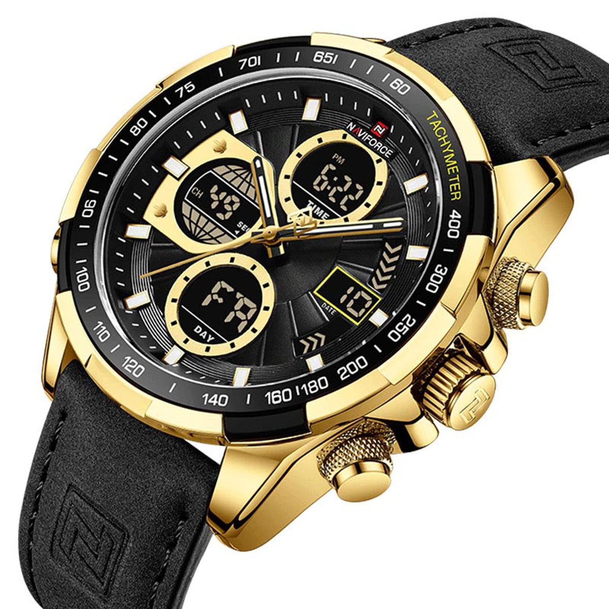 Picture of NAVIFORCE NF9197 Black PU Leather Dual Time Watch For Men - Golden & Black