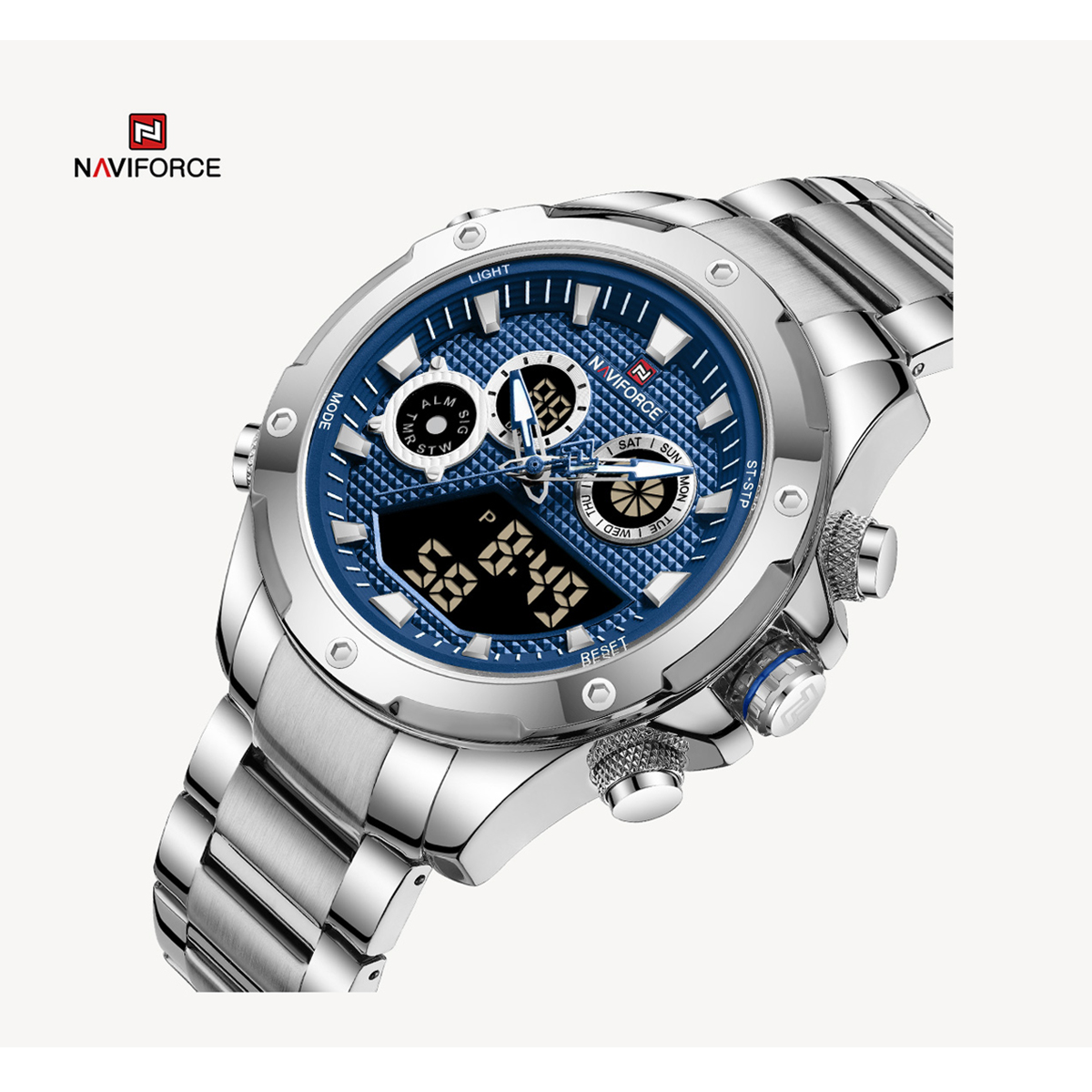 Picture of NAVIFORCE NF9217 Silver Stainless Steel Dual Time Watch For Men - Royal Blue & Silver