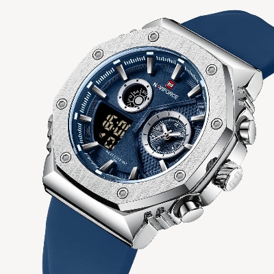Picture of NAVIFORCE NF9216 Navy Blue TPU Silicone Strap Dual Time Watch For Men - Silver & Navy Blue