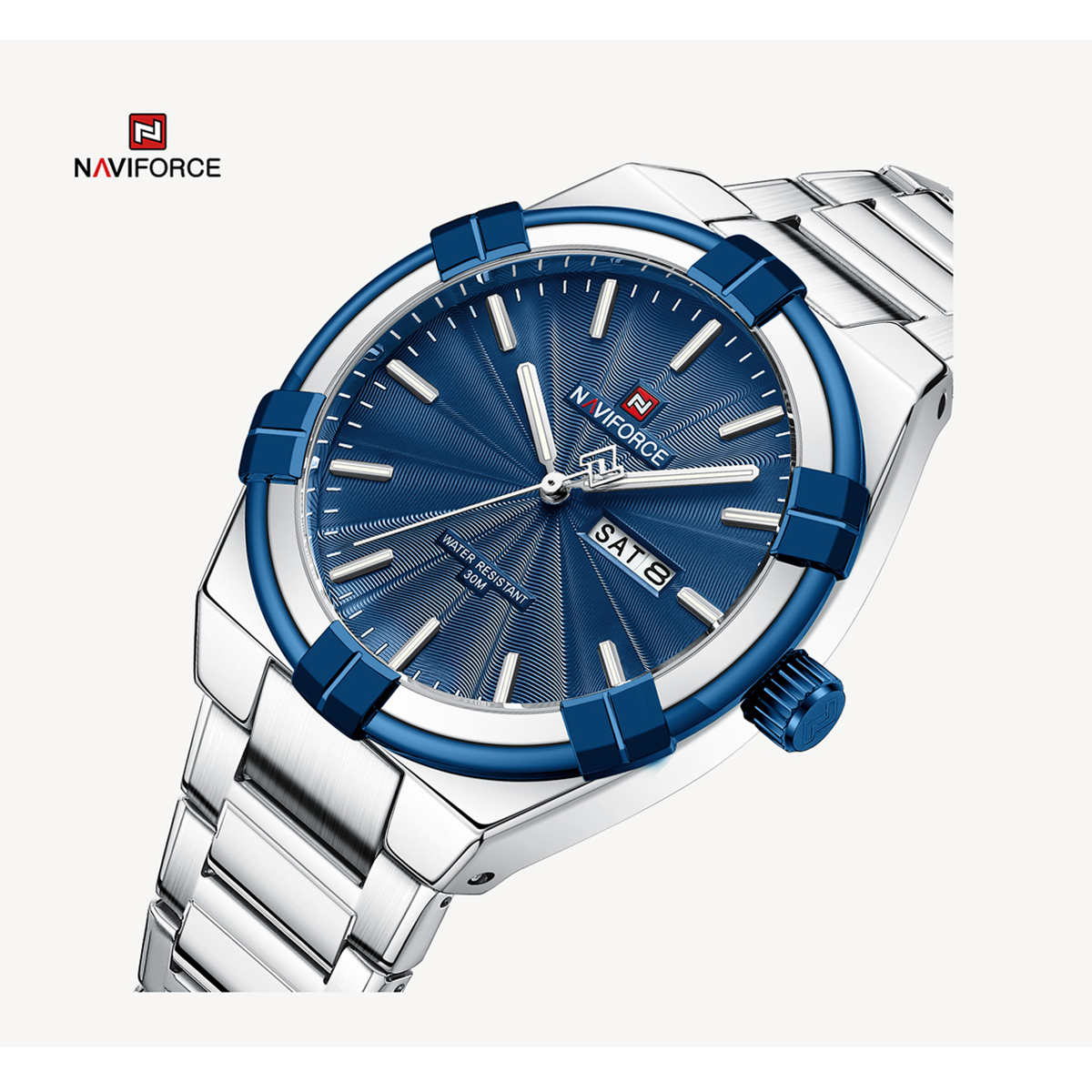Picture of NAVIFORCE NF9218 Silver Stainless Steel Analog Watch For Men - Royal Blue & Silver