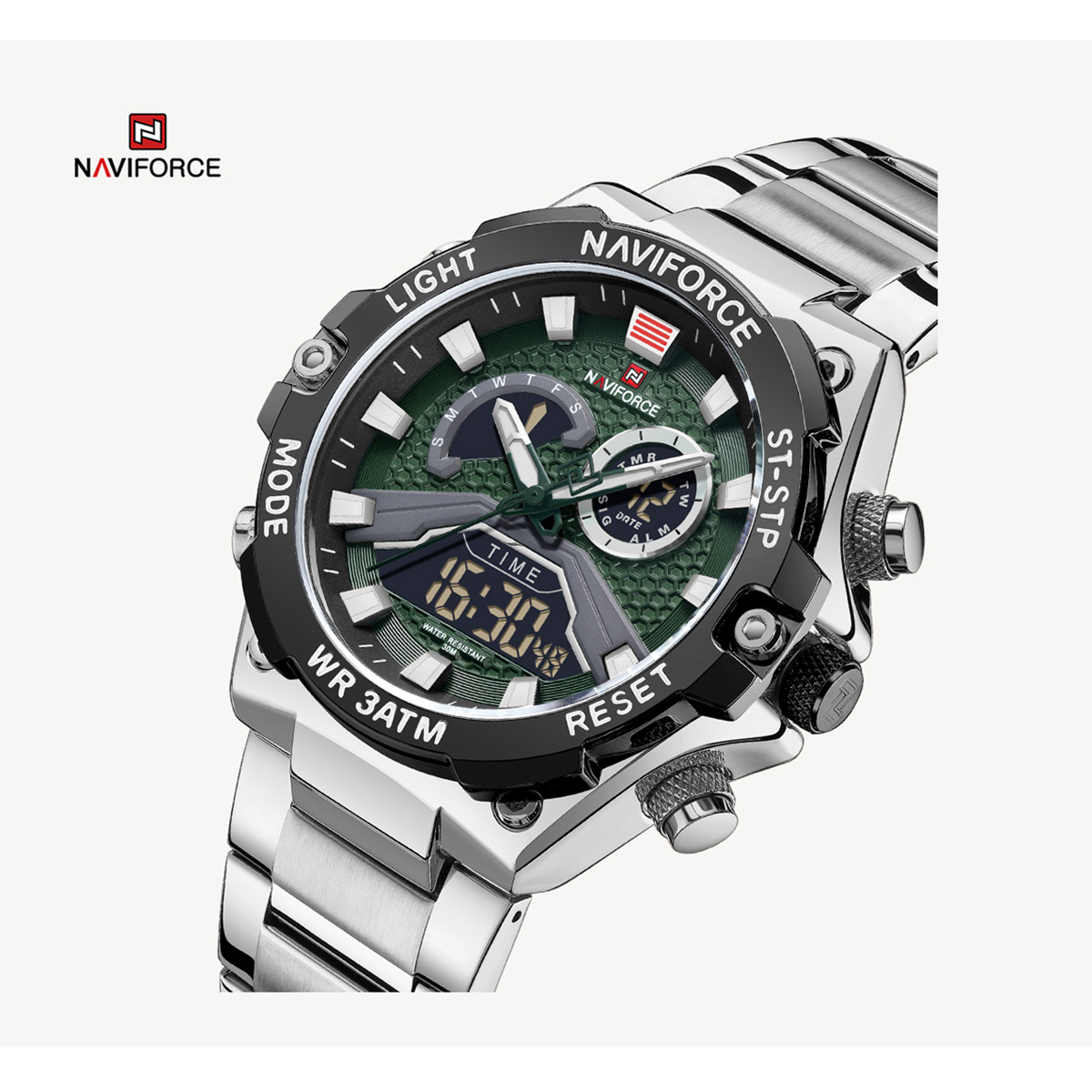Picture of NAVIFORCE NF9207 Golden Stainless Steel Dual Time Watch For Men - Green & Silver
