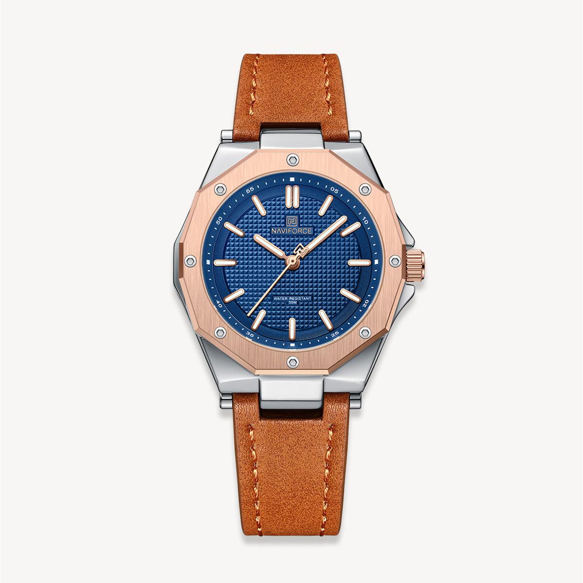 Picture of NAVIFORCE NF5026 Brown PU Leather Analog Watch For Women - Royal Blue & Brown