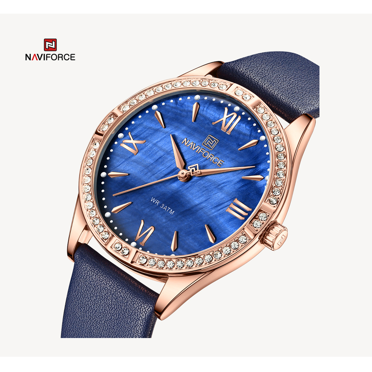 Picture of NAVIFORCE NF5038 Navy Blue PU Leather Analog Watch For Women - RoseGold & Navy Blue