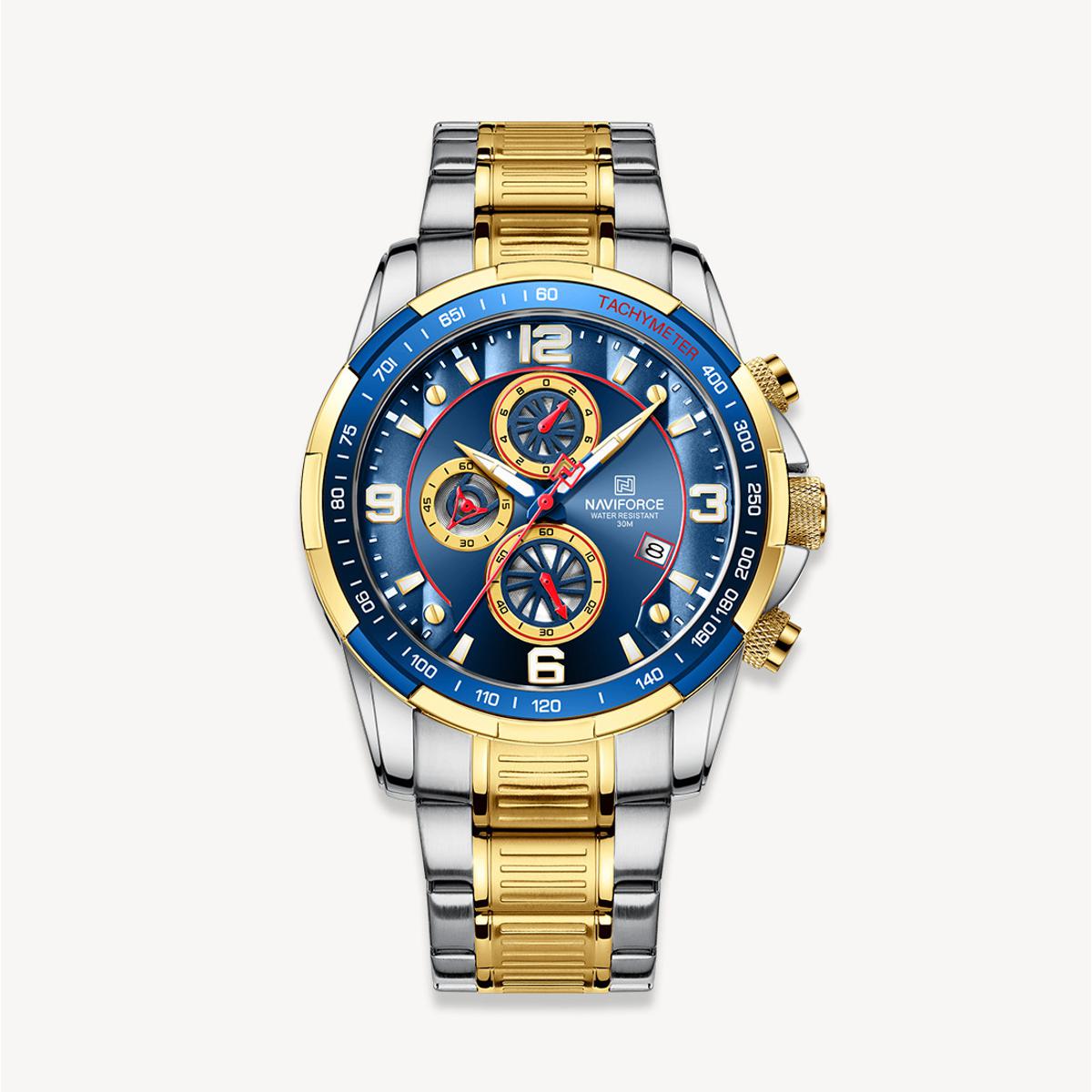 Picture of NAVIFORCE NF8020 Silver And Golden Two-tone Stainless Steel Chronograph Watch For Men - Royal Blue & Golden