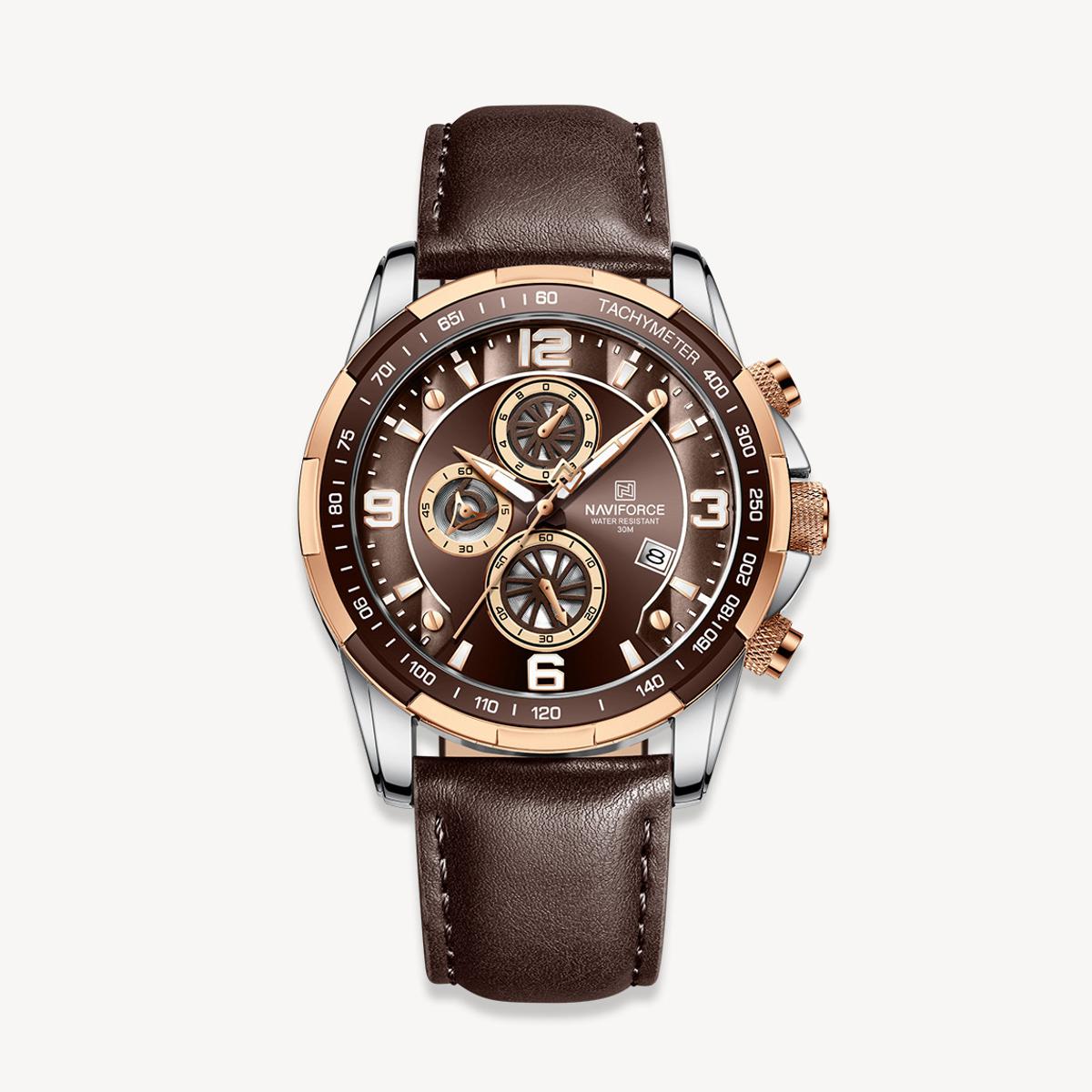 Picture of NAVIFORCE NF8020 Chocolate PU Leather Chronograph Watch For Men - Silver & Chocolate
