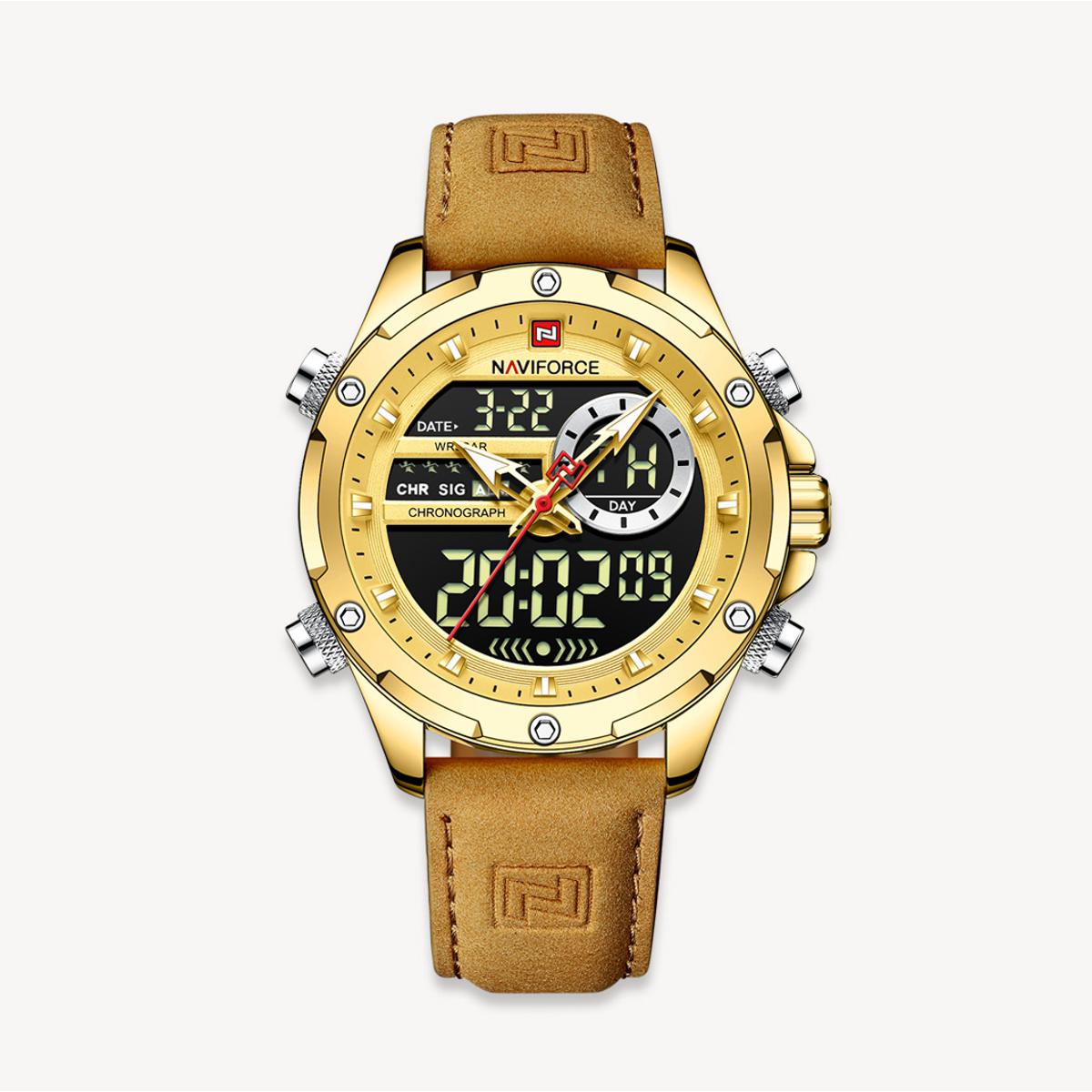 Picture of NAVIFORCE NF9208 Brown PU Leather Dual Time Watch For Men - Golden & Brown