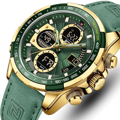 Picture of NAVIFORCE NF9197 Green PU Leather Dual Time Watch For Men - Golden & Green