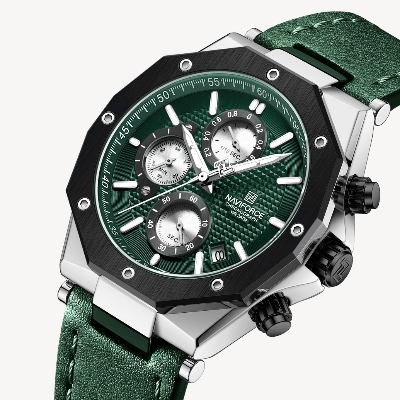 Picture of NAVIFORCE NF8028 Green PU Leather Chronograph Watch For Men - Silver & Green