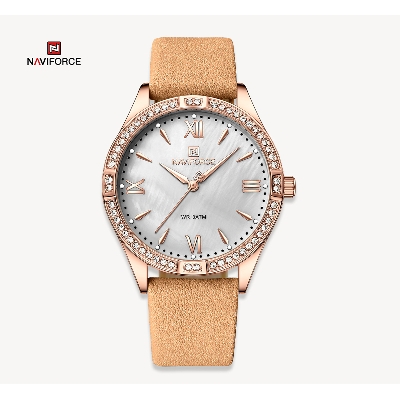 Picture of NAVIFORCE NF5038F Brown PU Leather Analog Watch For Women - Brown & RoseGold