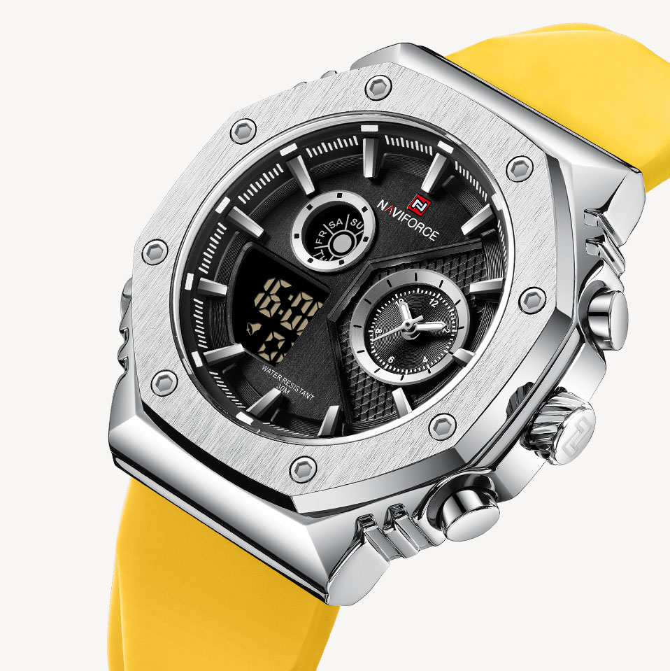 Picture of NAVIFORCE NF9216 Yellow TPU Silicone Strap Dual Time Watch For Men - Silver & Yellow