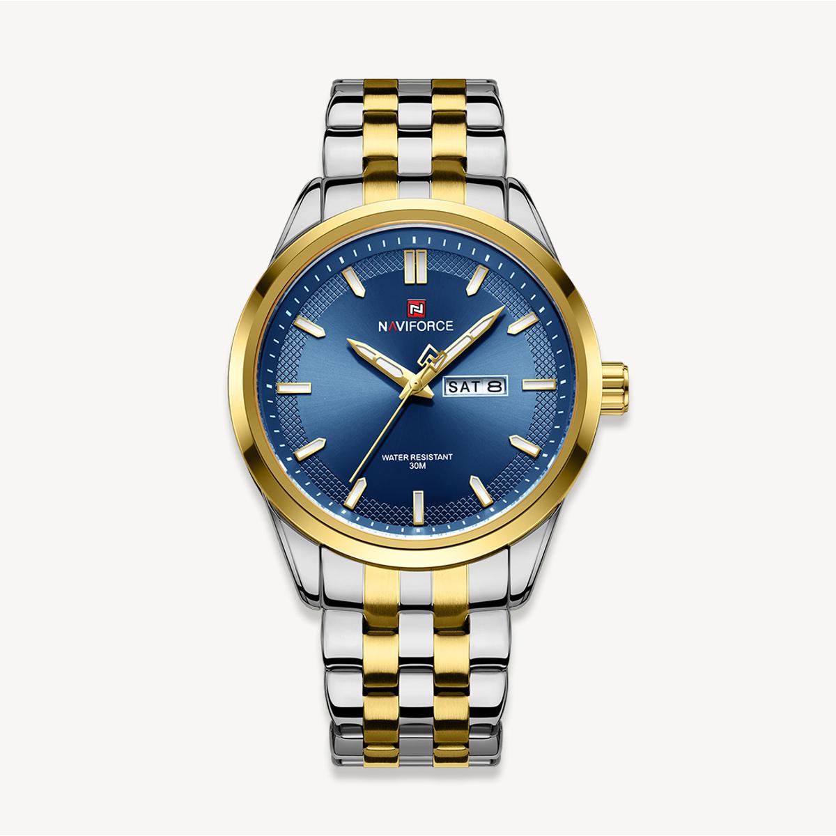 Picture of NAVIFORCE NF9203 Silver And Golden Two-tone Stainless Steel Analog Watch For Men - Royal Blue & Golden